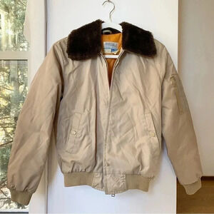 Vintage Sears Bomber Jacket Coat Work Lesirue Fur Collar Tan Brown Oversized